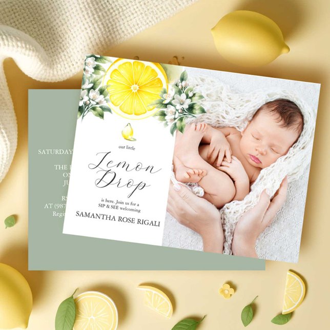 Sida för Lemon Drop-inbjudningar och se Helg Vykort (Sip and see baby shower invitations watercolor lemon theme with photo by Victoria Grigaliunas)