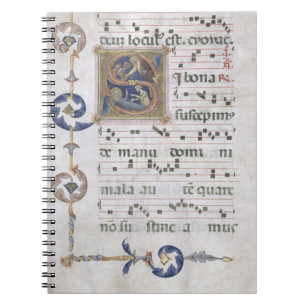 Sida för Ms 564 f.13v med historiated initialt "S Anteckningsbok Med Spiral