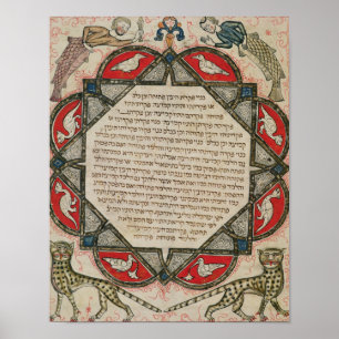 Sida från en hebreisk bibel som skildrar fisk poster
