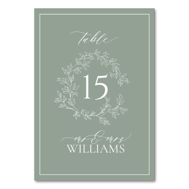 Sida Grönt Leafy Vapensköld Monogram Bröllop Bord  Bordsnummer (Framsidan)