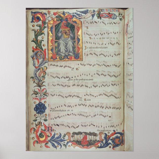 Sida med musikalisk notation med historik poster (Framsidan)