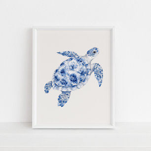 Sida View Sea Turtle - Kustblått på Beige Poster