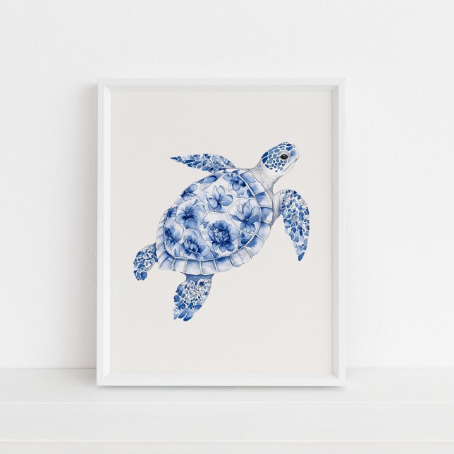 Sida View Sea Turtle - Kustblått på Beige Poster (Side View Sea Turtle – Coastal Blue on Beige Poster in a white frame on the floor)