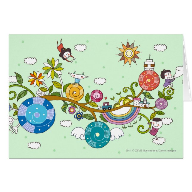 Sidan beskådar av barn som leker på trädgren hälsningskort (Framsidan Horizontal)