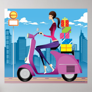 Sidan beskådar av kvinna med gåvor på sparkcyke poster