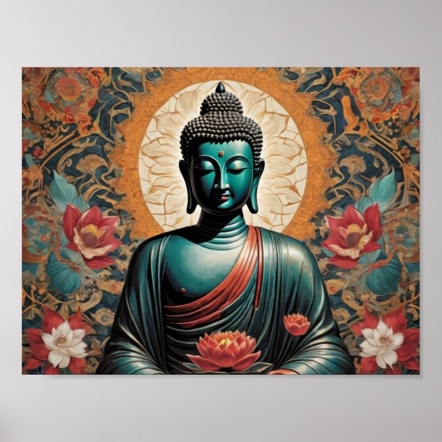 Siddarta Gautama Buddha i meditation med blommor Poster (Framsidan)