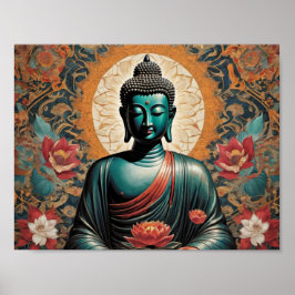 Siddarta Gautama Buddha i samarbete med blommor Poster