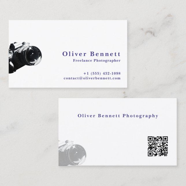 Side-cut Design Camera Photographer QR Code  Visitkort (Fram/baksida)