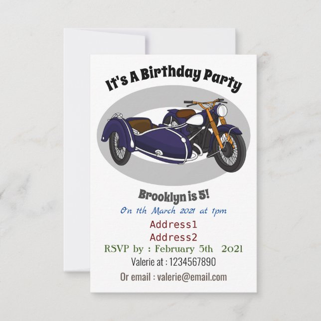Sidecar lila motorcykelillustration inbjudningar (Framsida)