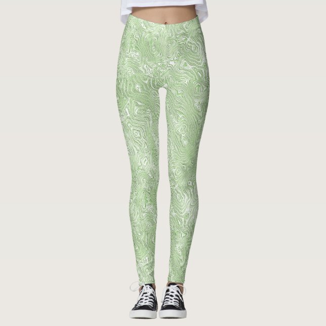 Siden Moire Liten Mönster i Limegrön Leggings (Framsida)