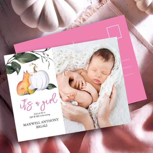 Sidfot och visa inbjudningar till babyvisningsprog (Sip and see invitations watercolor fox and pumpkin fall design with photo postcard)