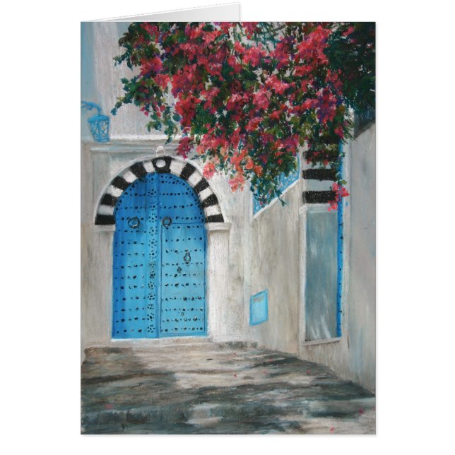 Sidi Bou Blue Door Boganvila Hälsningskort (Framsidan)