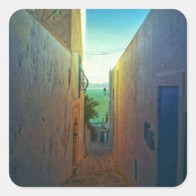 Sidi Bou Said Laneway Fyrkantigt Klistermärke (Framsida)