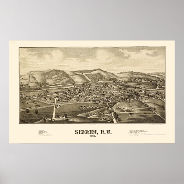 Sidney, NY Panoramic Karta - 1887 Poster (Framsidan)