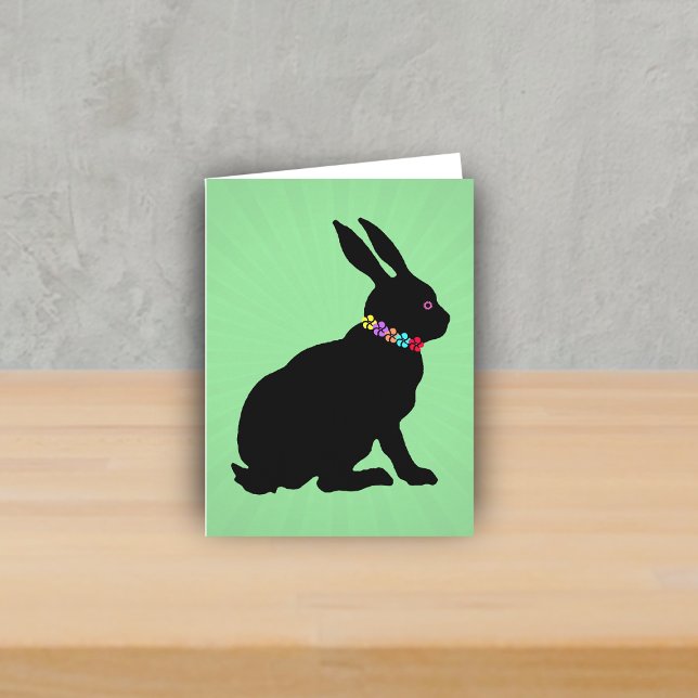 Sidoprofil sitta Black Rabbit Flowers Rosa Öga Kort (Sitting black silhouette bunny wearing colourful flowers on green Spring or Easter note card.)