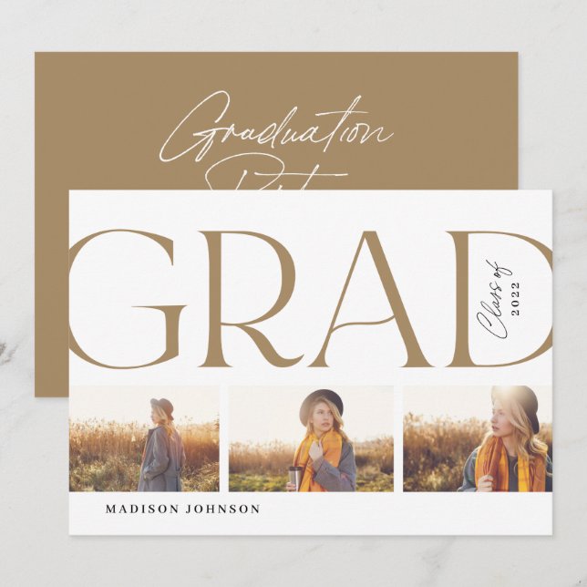 Sidotypografi Studenten 2022 3 Foto Party Guld Inbjudningar (Fram/baksida)