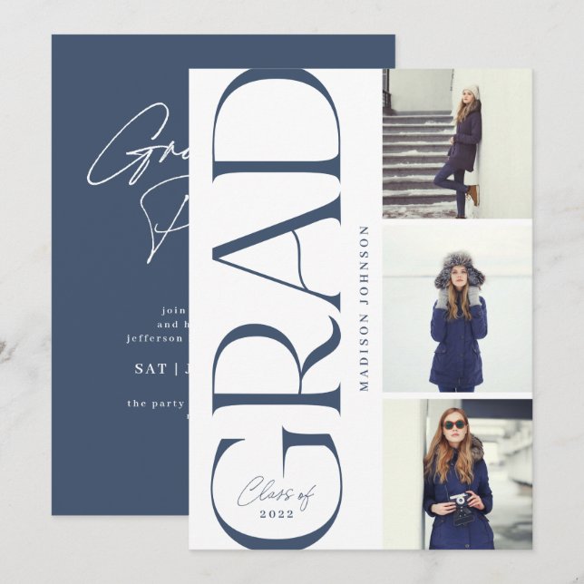 Sidotypografi Studenten 2022 3 Photo Party marin Inbjudningar (Fram/baksida)