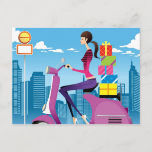 Sidovy av kvinna med presenter på scooter vykort