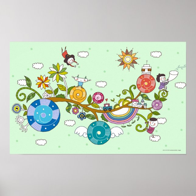 Sidovy över barn som leker på träd gren poster (Framsidan)