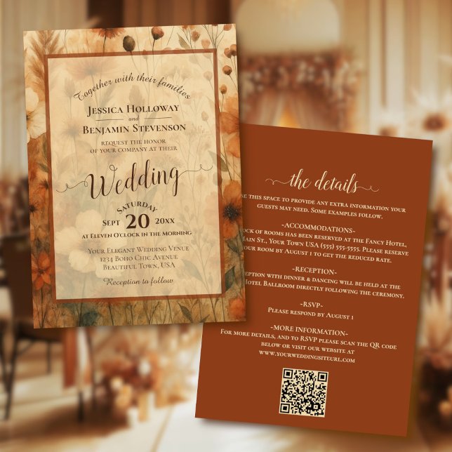 Sienna Boho Blommig Kalligrafi & QR-kod Bröllop Inbjudningar (front/back)