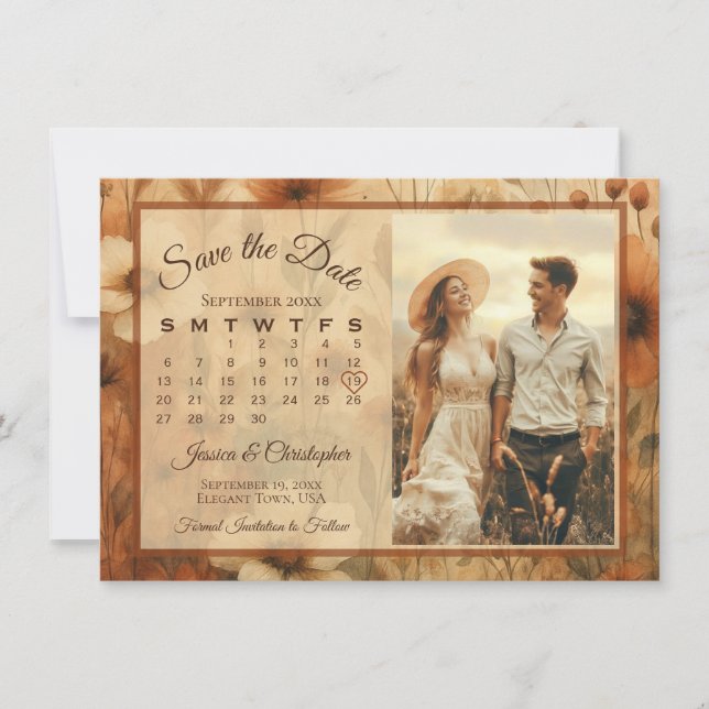 Sienna Boho Blommig Medley Kalender & Foto Bröllop Spara Datumet (Framsida)