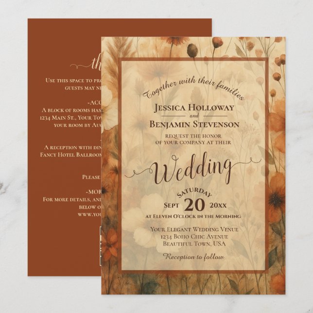 Sienna Boho Floral Calligraphy & QR Code Wedding Inbjudningar (Fram/baksida)