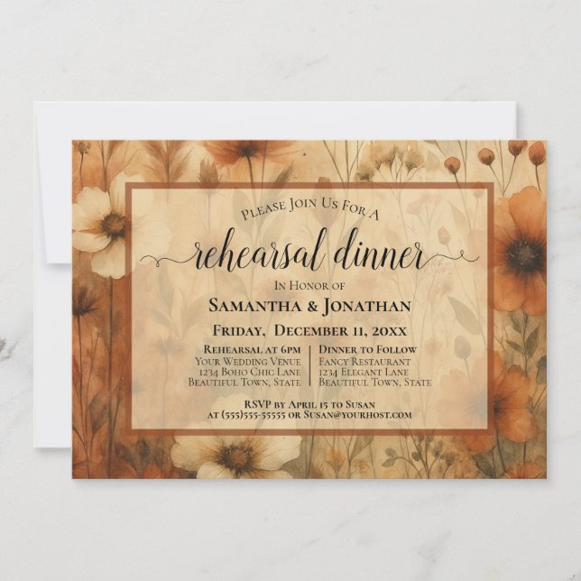 Sienna Boho Wildflowers Wedding Rehearsal Dinner Inbjudningar (Framsida)