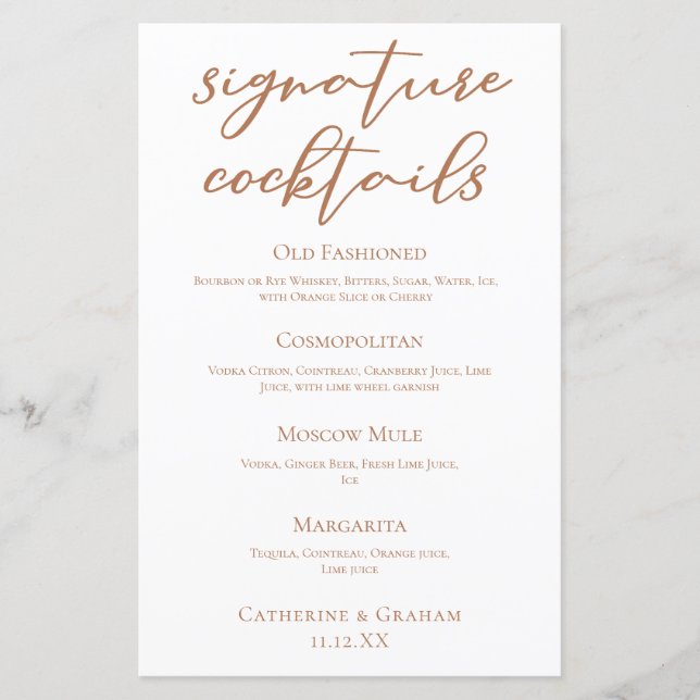 Sienna Brown Bröllop Namnteckning Cocktails Menu (Framsida)