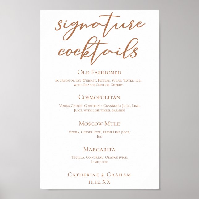 Sienna Brown Bröllop Namnteckning Cocktails Menu Poster (Framsidan)