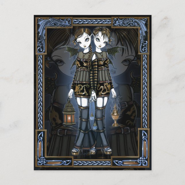 Sienna & Celeste gotiic Dragon Twillingars Fae-vyk Vykort (Framsida)