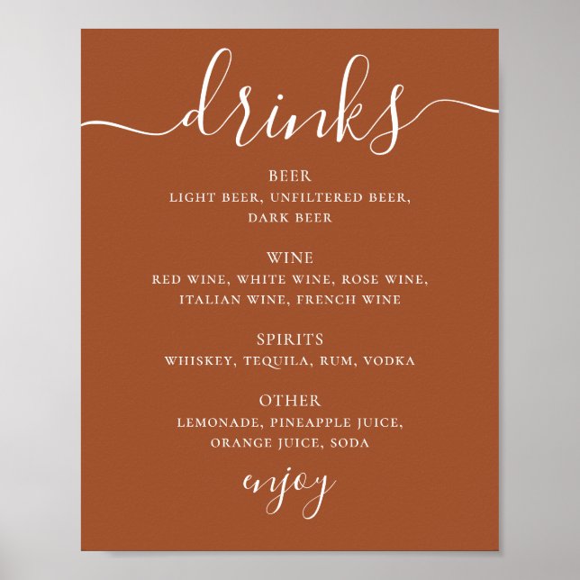 Sienna Wedding Drinks Menu | Terracotta Bar Sign Poster (Framsidan)