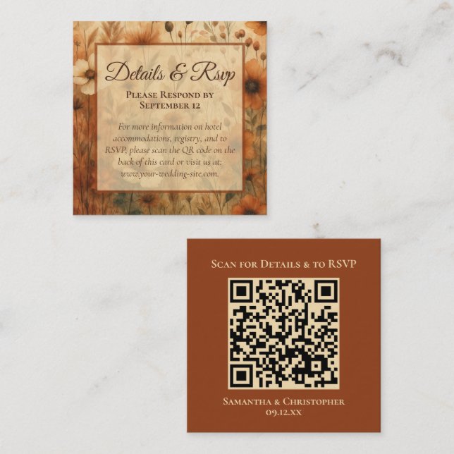 Sienna Wildflowers Wedding Details & RSVP QR Code Tilläggskort (Fram/baksida)