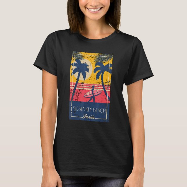Siesta Key Beach Florida Retro Surfer Beach Distre T Shirt (Framsida)