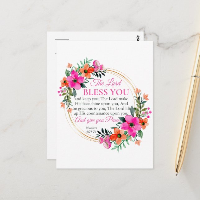 Siffror 6:24-26 Rosa blomsterkrans kristen Vykort (Fram/Back In Situ)