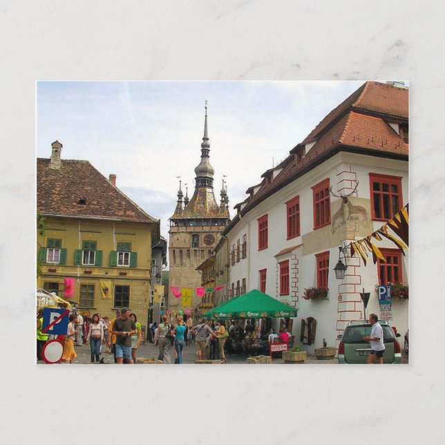 Sighisoara, CLockTower och turister Vykort (Framsida)