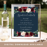 Signal för Namnteckning av snabbmeny för radiant b Poster<br><div class="desc">Inbjudan gäster för att ta en favoritlibation med vår charmerande bröllop pub-skylt. 11x14-tecknet i pub innehåller "namnteckning cocktails" i kalligrafskript med text på en rik marin blå bakgrund. Anpassa med dina specialdrycker med sex anpassningsbar fält. Som ett komplement till bröllop pub-installationen, läggs det här tecknet till med vattenfärgblommor med jewelton...</div>