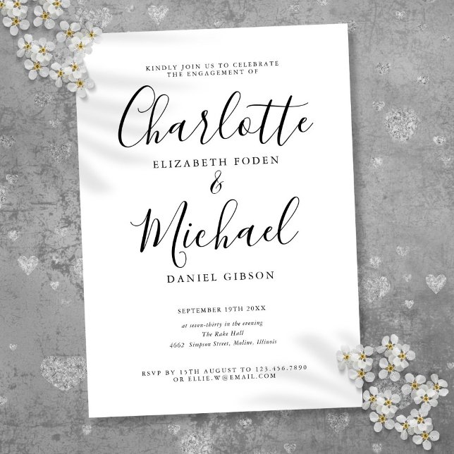 Signatur Modern Svart och Vitt Förlovningsfest Inbjudningar (Signature Modern Black and White Engagement Party Invitation)