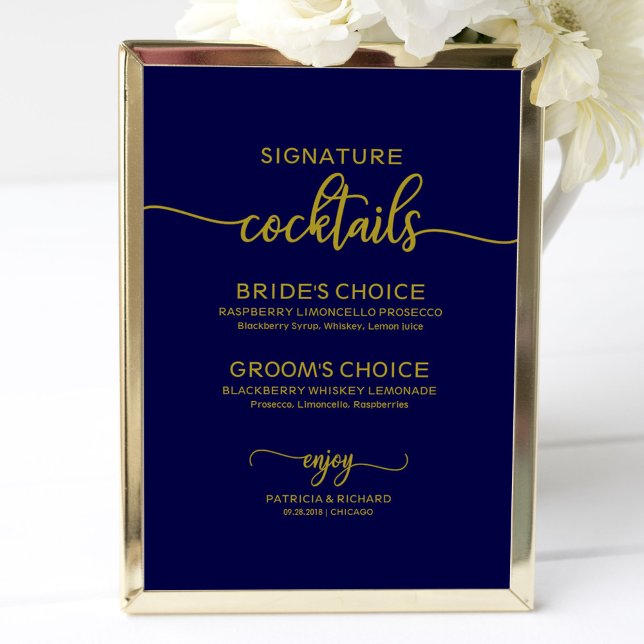 Signaturcocktails Guld Marinblå Bröllopsskylt Poster (Skapare uppladdad)