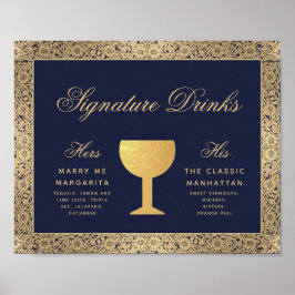Signaturdrink Navy Blue Guldroser Bröllopsskylt Poster