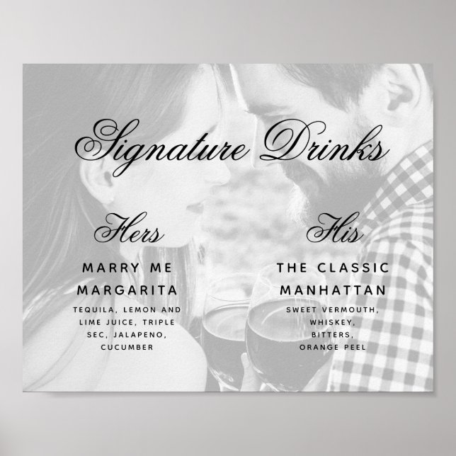 Signaturdrinkar Foto Elegant Skrift Bröllopsskylt Poster (Framsidan)