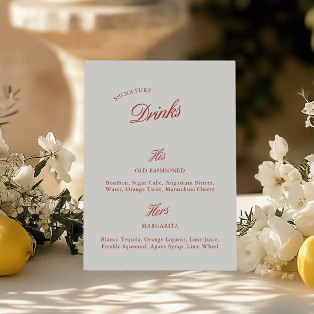 Signaturdrinkar Vintage Red & Ivory Bröllopsmeny (Signature Drinks Vintage Red & Ivory Wedding Menu)