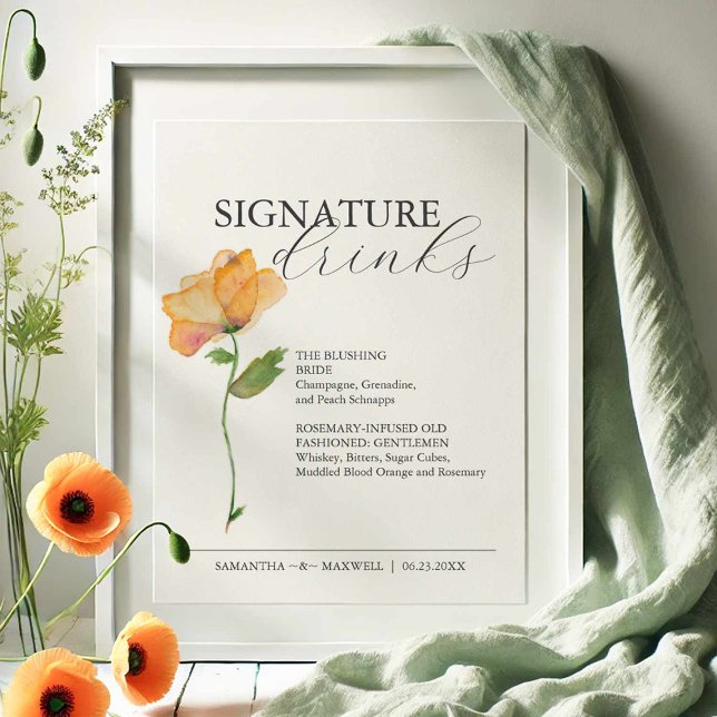 Signaturdrycker 8x10 Blommig Vigselfestskylt Poster (Signature cocktail sign features an elegant watercolor orange flower by Victoria Grigaliunas )