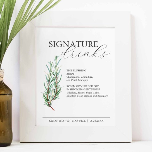 Signaturdrycker 8x10 Rosemary Bröllopsskylt Poster (Signature cocktails sign feature a watercolor sprig of rosemary by Victoria Grigaliunas )