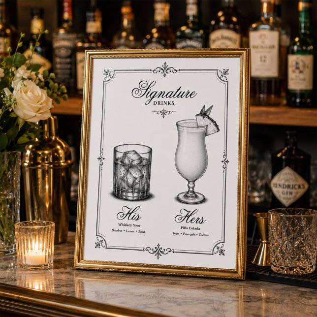 Signaturdrycker Bröllop Hans och Hennes  Poster (Framed wedding signature drinks sign displayed on an elegant reception bar.)