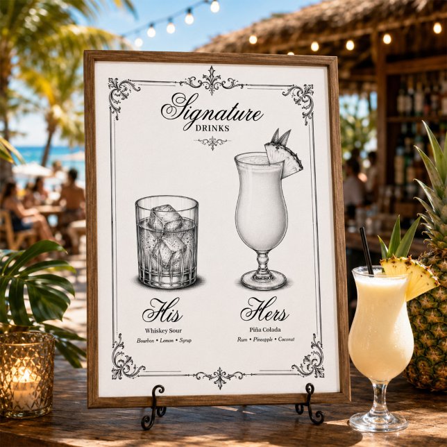 Signaturdrycker Bröllop Hans och Hennes Poster (Elegant framed Signature Drinks sign adds timeless charm to your wedding cocktail bar. )