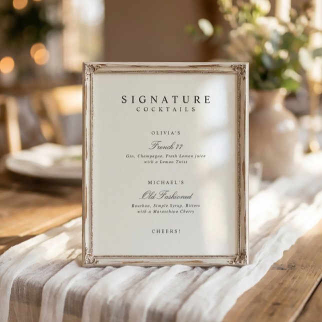 Signaturdrycker Elegant Enkel Bröllopsbarskylt Poster (Elegant black and white signature drinks wedding sign with simple script and minimalist design)
