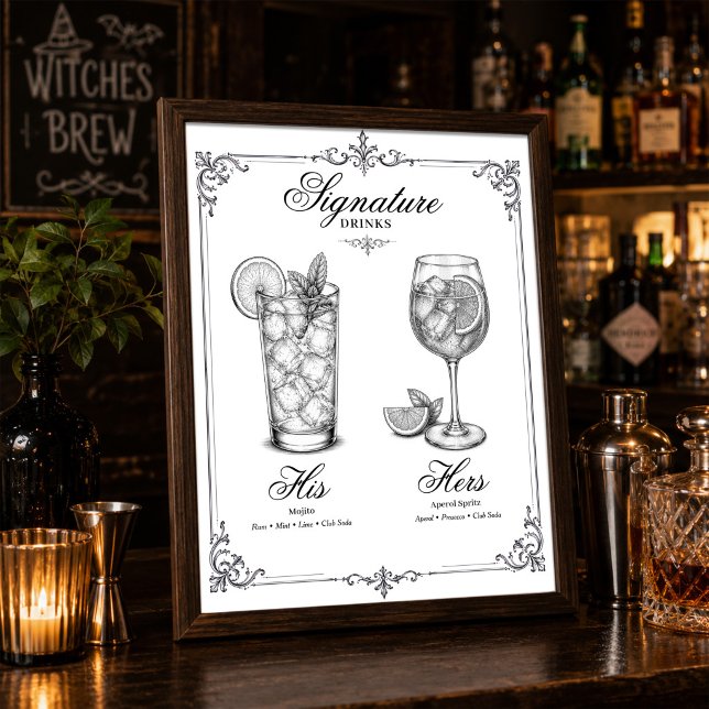 Signaturdrycker Hans och Hennes Bröllop Poster (Elegant His & Hers signature drinks menu displayed on a wedding bar with timeless calligraphy.)