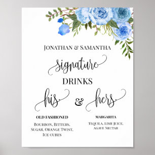 Signaturdrycker Par Bröllop Blommig Blå skylt