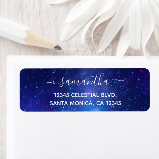 Signature Aqua Blue Galactic Center Celestial Returadress Etikett (Insitu)