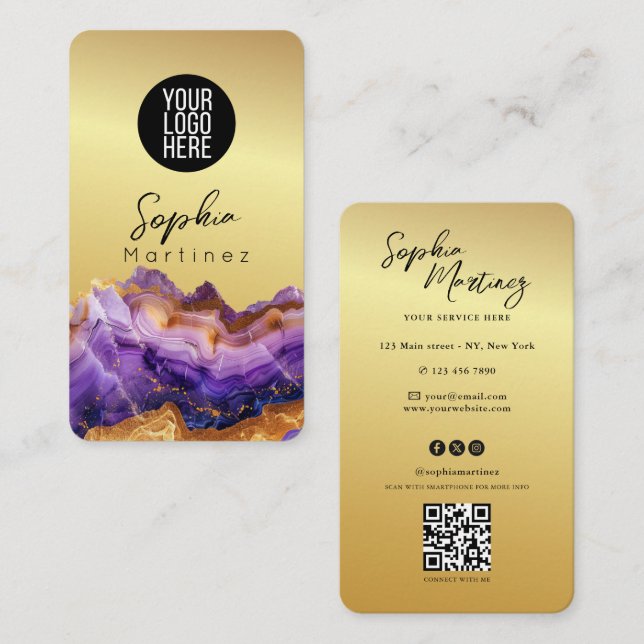 Signature Purple Agate gold marble & QR Code Logo Visitkort (Fram/baksida)